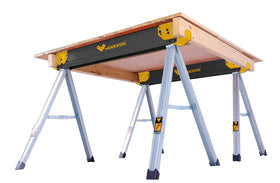 WORKESS sawhorses self-adapting-swivel-legs stabilize on uneven ground.