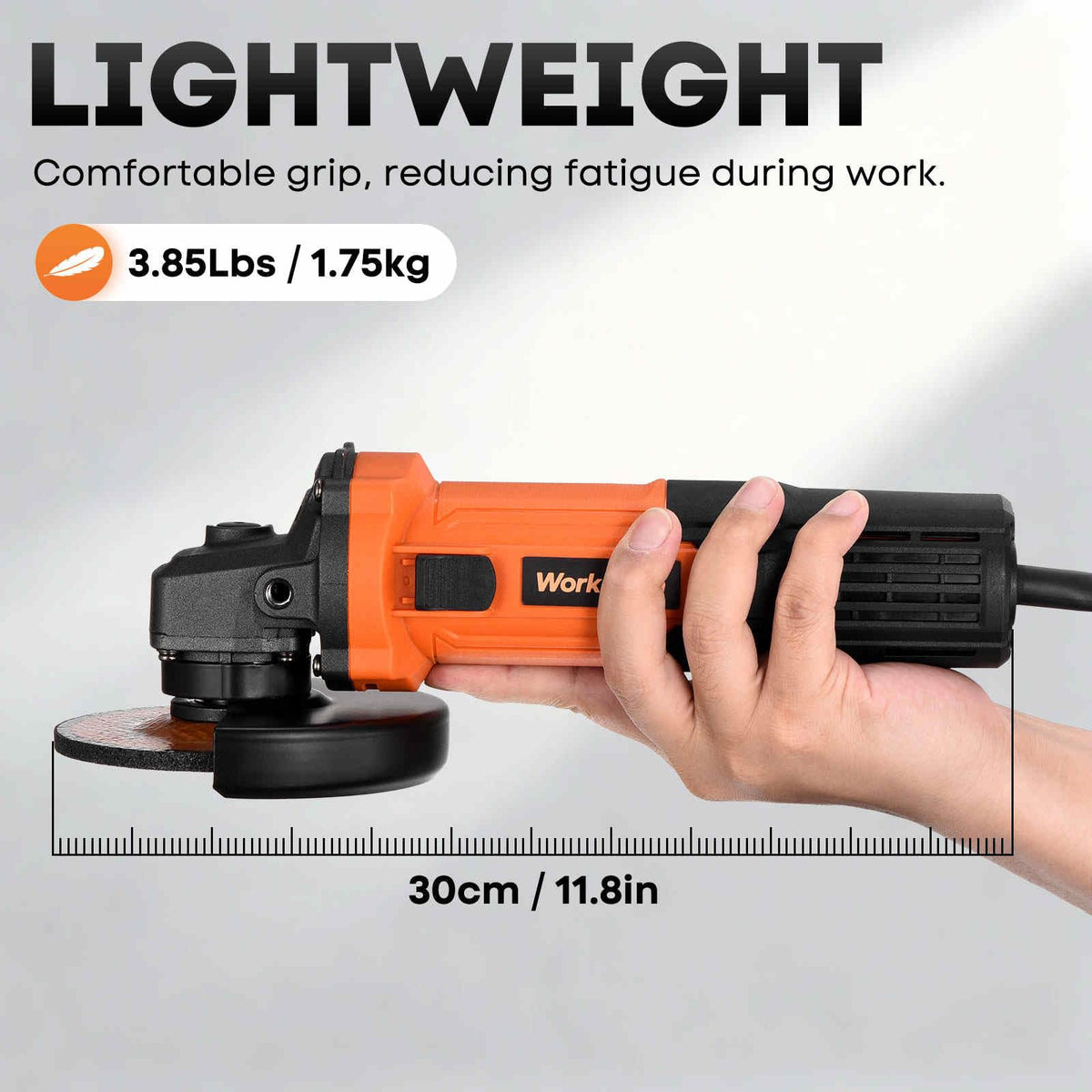 WorkNeon angle grinder auxiliary handle provides stable two-handed control.