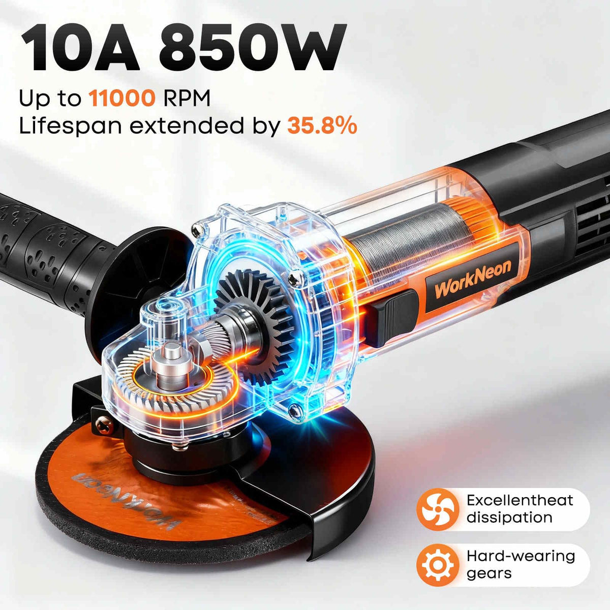 WorkNeon angle grinder ergonomic grip for comfortable, controlled operation.