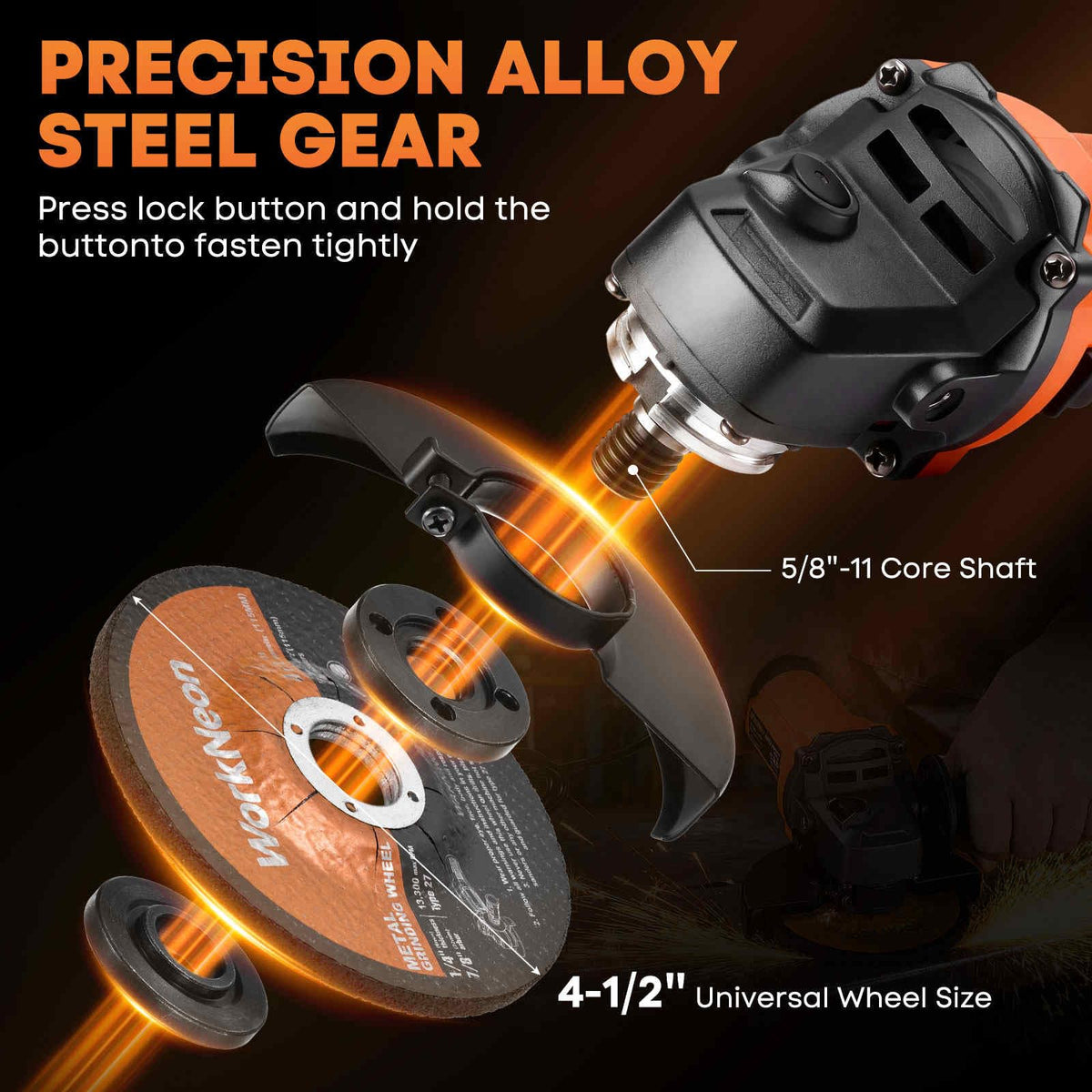 WorkNeon angle grinder slide switch enhances safety with a two-stage start.