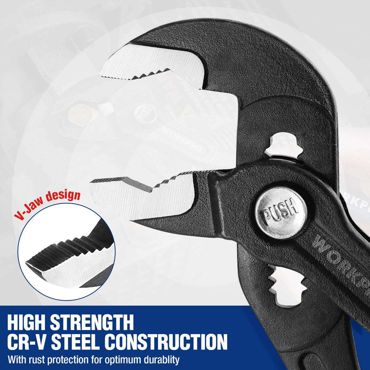 WORKPRO 10-inch groove joint pliers offering wide jaw capacity for larger objects.