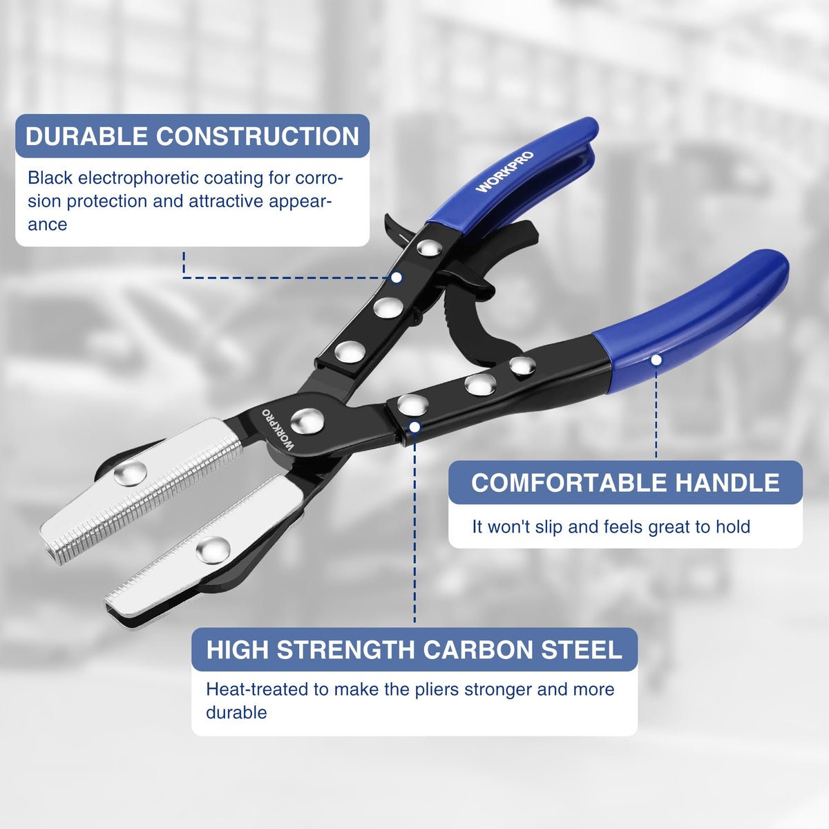 WORKPRO 10-Inch Pliers showcasing automatic locking mechanism for rapid, secure clamps.