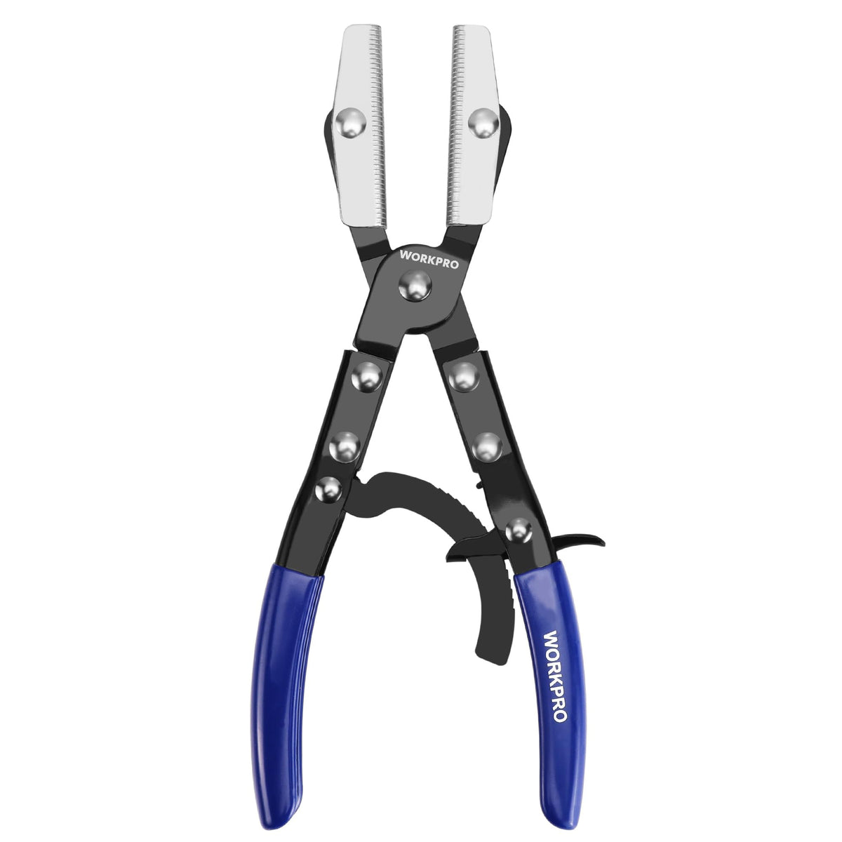 WORKPRO 10-Inch Ratcheting Hose Pinch Off Pliers with closed jaws for secure hose clamping and leak prevention.