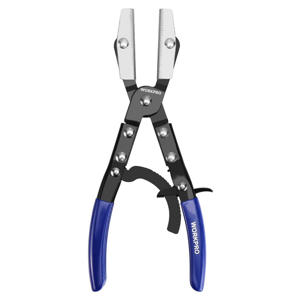 WORKPRO 10-Inch Ratcheting Hose Pinch Off Pliers with closed jaws for secure hose clamping and leak prevention.