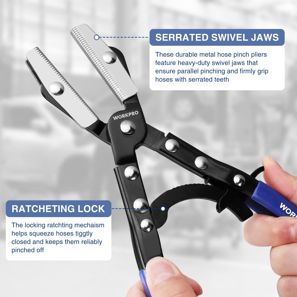 WORKPRO Pliers with rotating jaws in action, delivering precise clamp on cooling hoses.