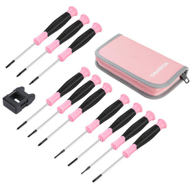 Workpro 10-piece precision screwdriver set in pink pouch, organized for quick electronics repairs