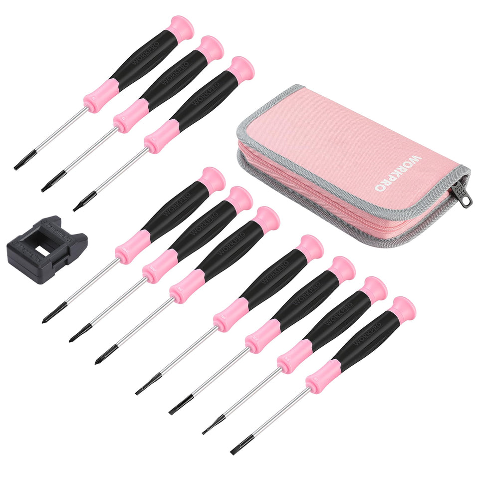Workpro 10-piece precision screwdriver set in pink pouch, organized for quick electronics repairs