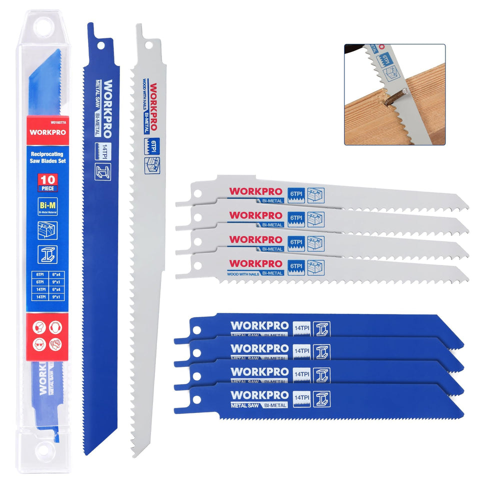 WORKPRO 10-piece blade set shown with organizer case for quick, organized DIY projects.