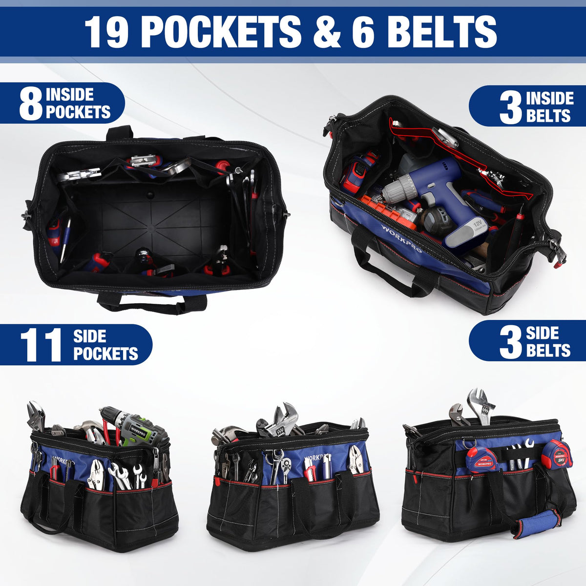 WORKPRO 11-pocket layout with inside belts and extra outside pockets boost organization.