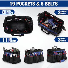 WORKPRO 11-pocket layout with inside belts and extra outside pockets boost organization.