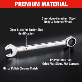 WORKPRO 12-point box end with 72 teeth enables precise grip in tight spaces.