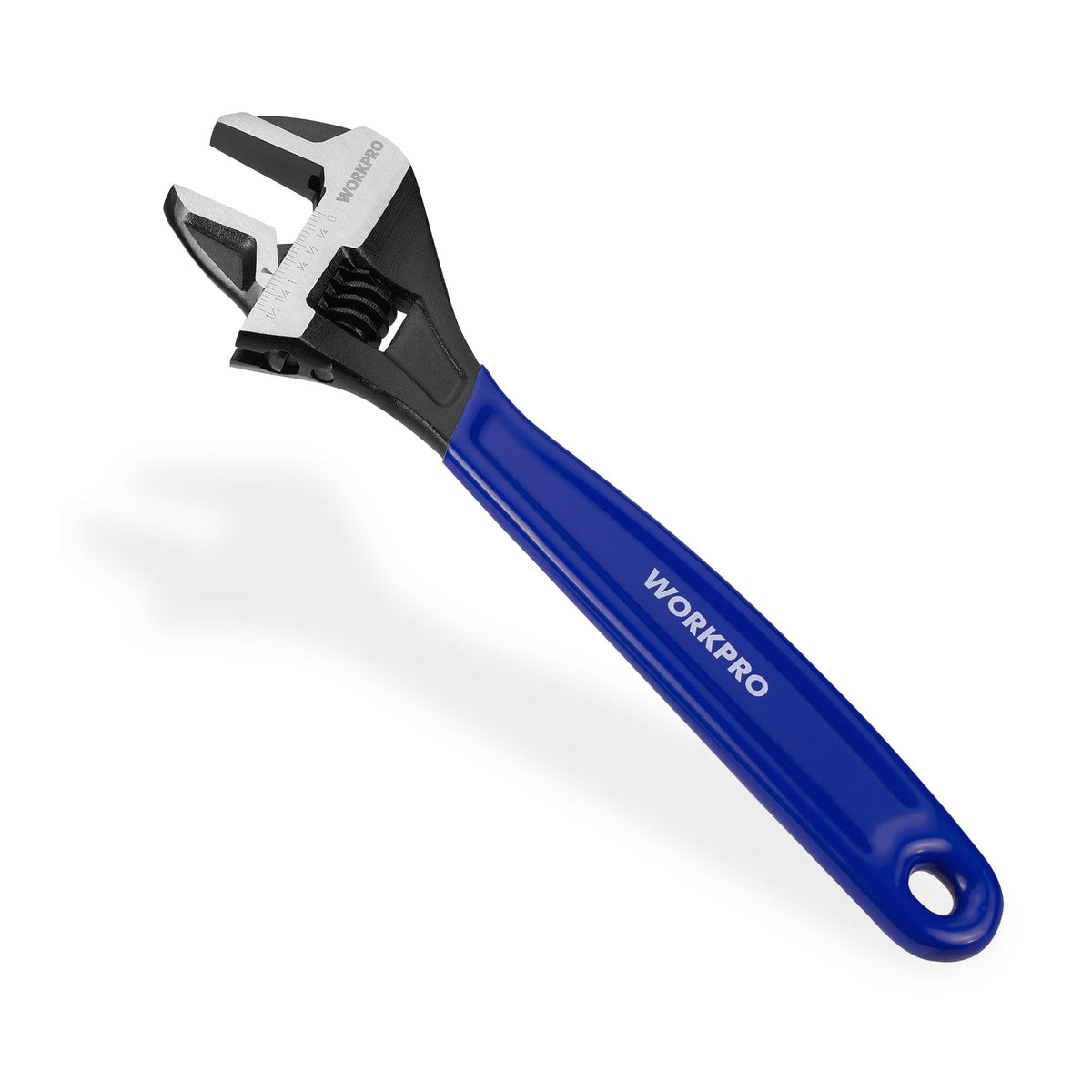 WORKPRO 12-inch adjustable wrench with wide jaw and black oxide finish for heavy tasks.