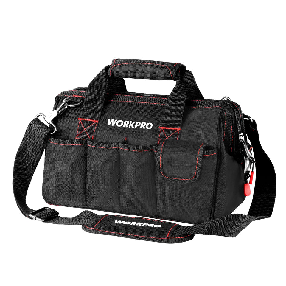 WORKPRO 12-inch bag front view with wide mouth for quick tool access