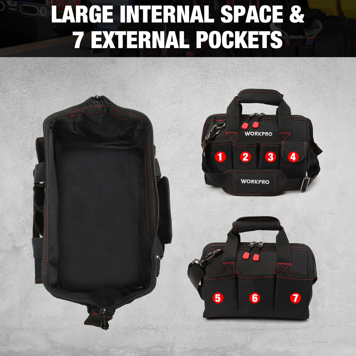 WORKPRO padded handle and adjustable strap for comfortable carry