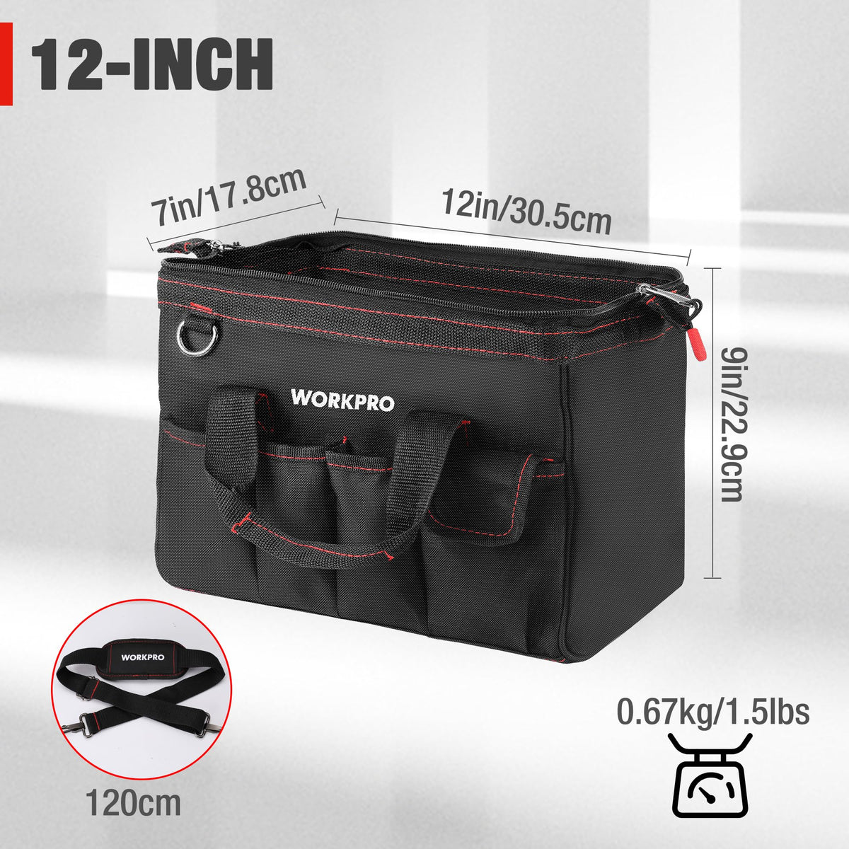 WORKPRO bag side pocket open showing exterior organization
