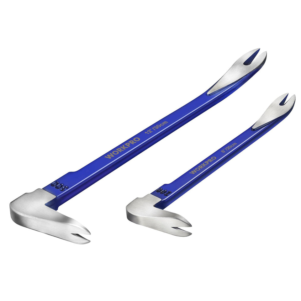 WORKPRO 12-inch pry bar with angled edge for easy access in tight gaps.