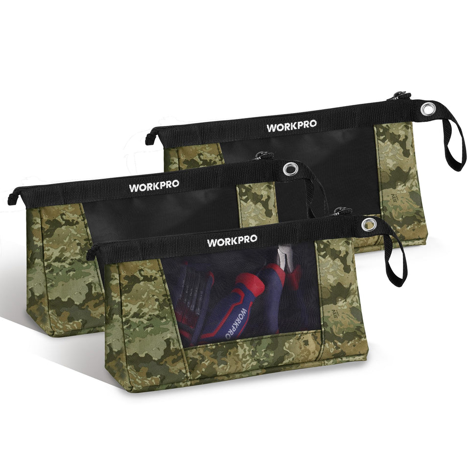 WORKPRO 12-inch camouflage tool pouches with zipper for quick access.