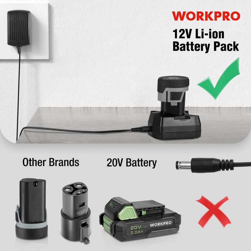 WorkPRO 12V battery pack seated in the base for charging