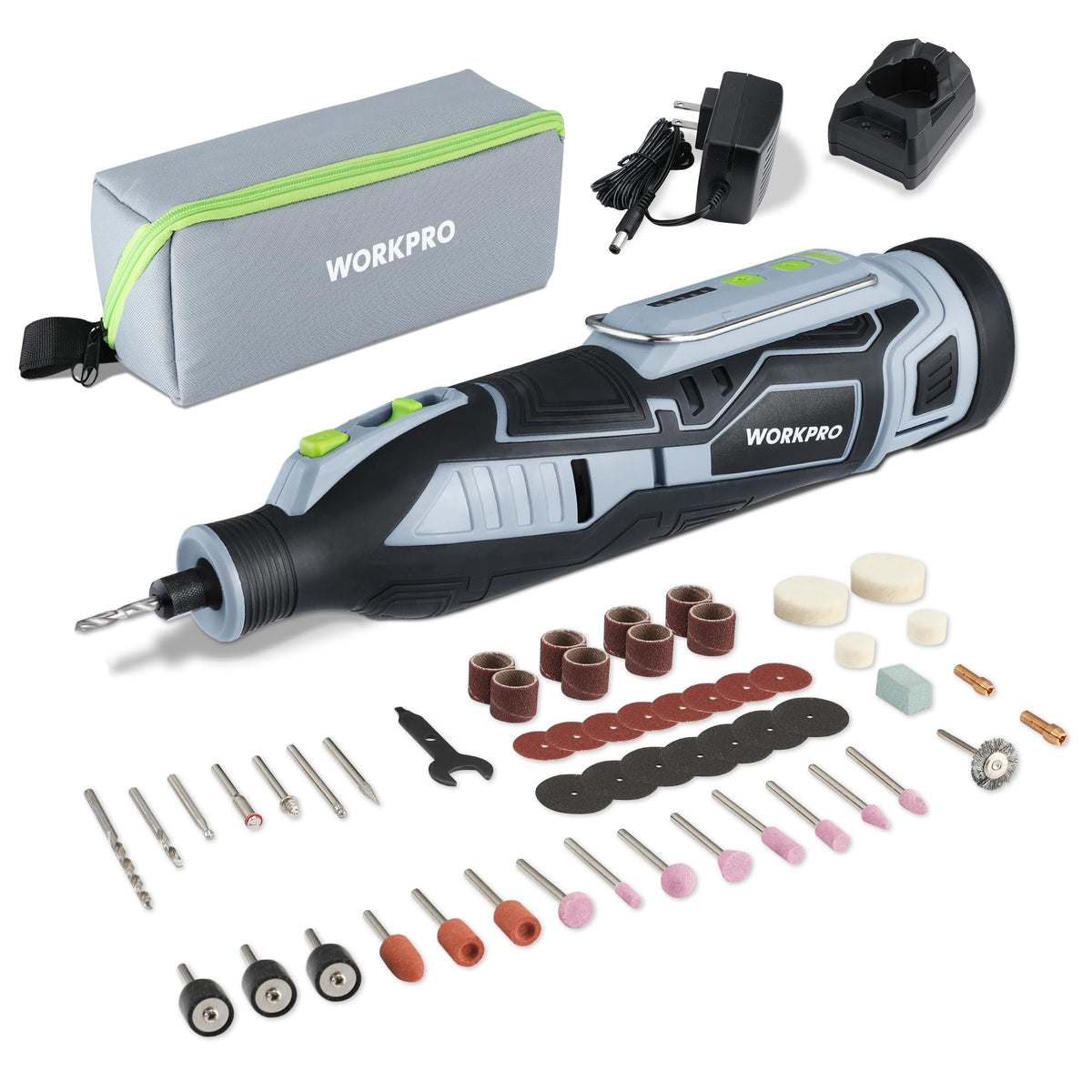 WORKPRO 12V cordless rotary tool for precise sanding and engraving.
