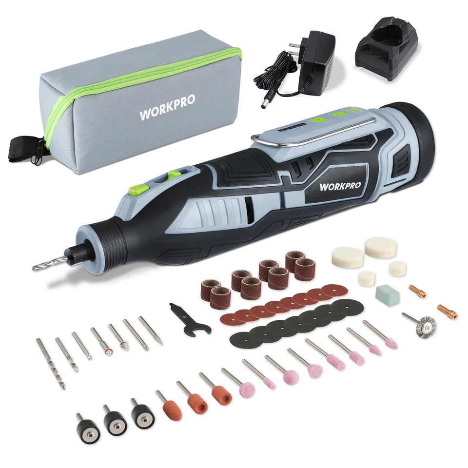 WORKPRO 12V cordless rotary tool for precise sanding and engraving.