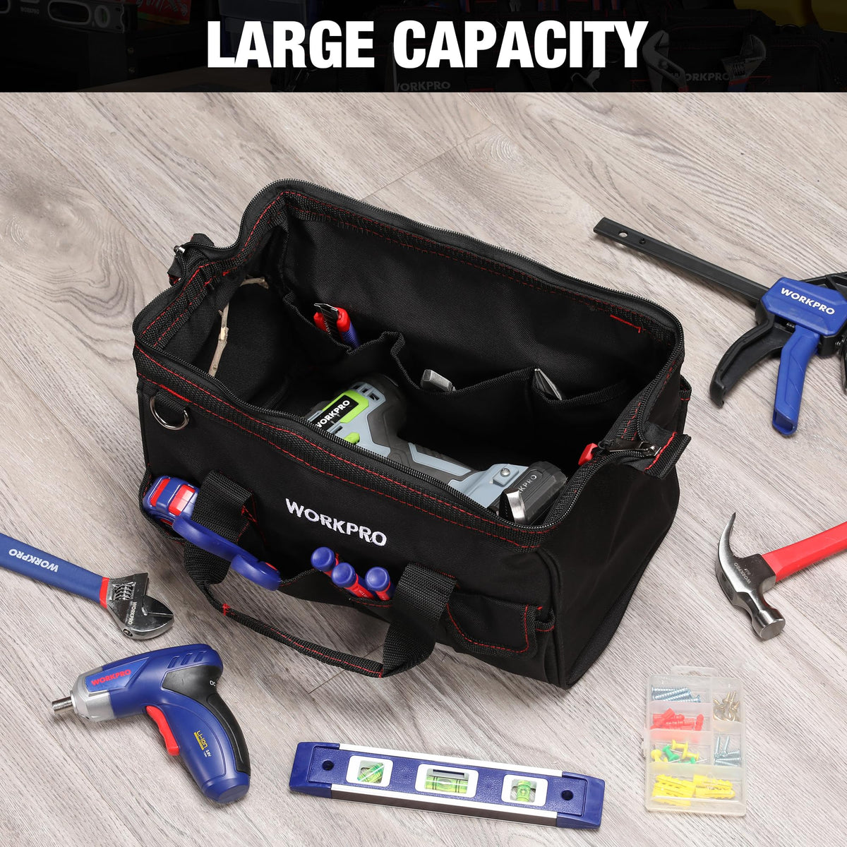 WORKPRO adjustable strap offers hands-free transport and flexibility.