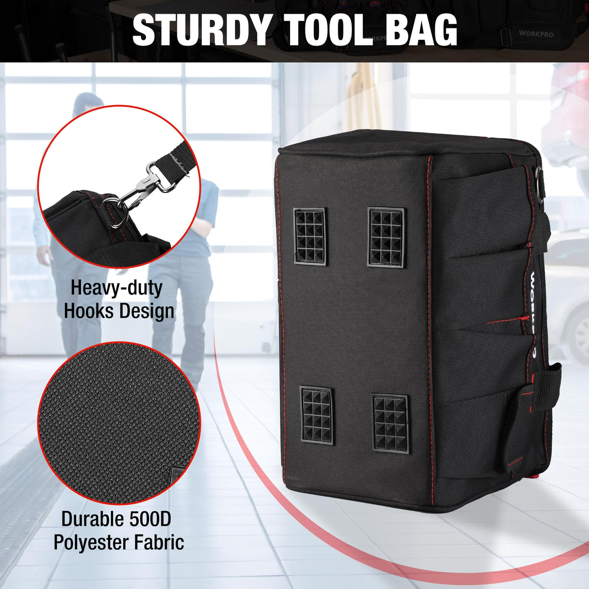 WORKPRO padded handle improves comfort during every carry.