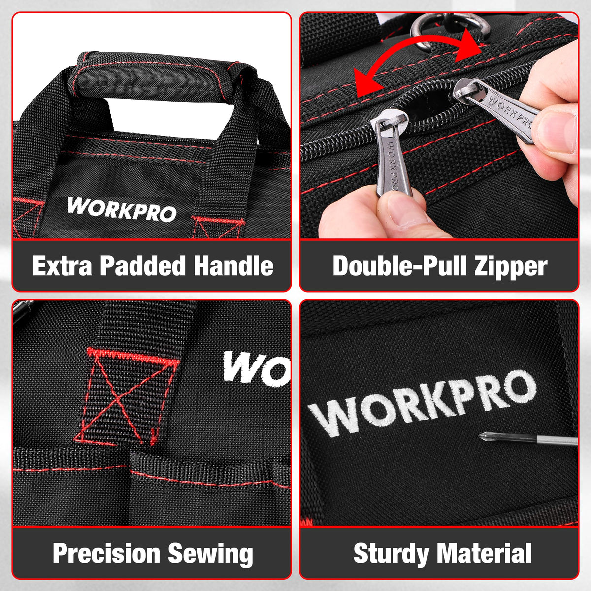 WORKPRO bag interior pockets: six inside and seven outside for fast access.