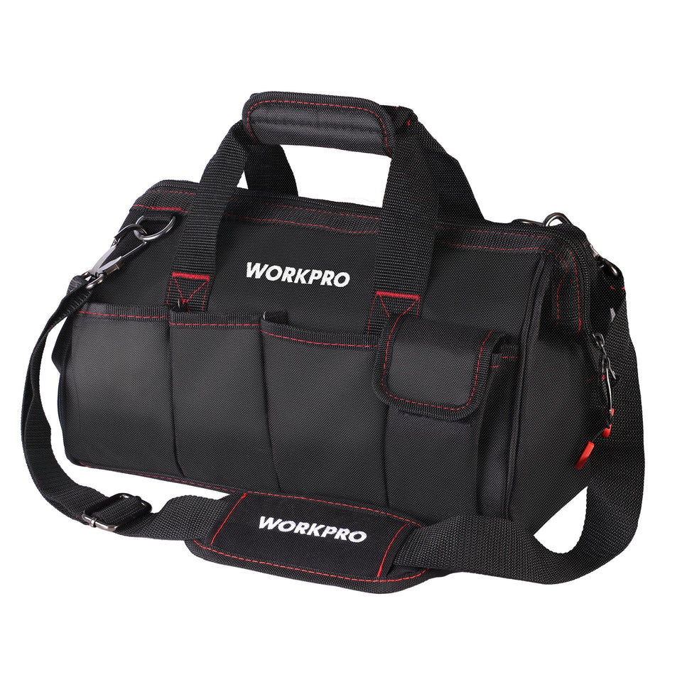 WORKPRO 14-inch tool bag with wide-mouth opening for quick access to tools.