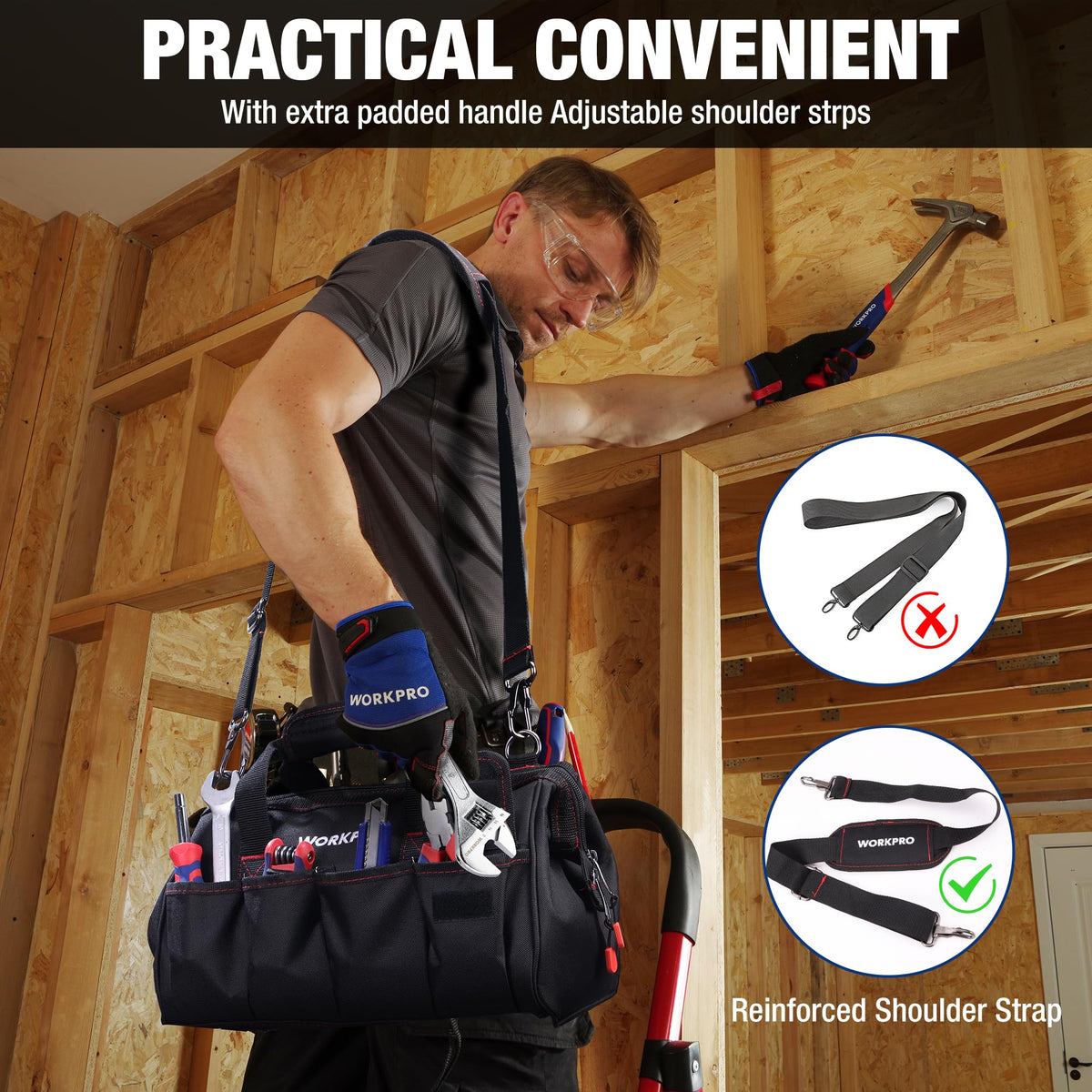 WORKPRO bag shown in workshop use for electrical, plumbing, carpentry tasks.
