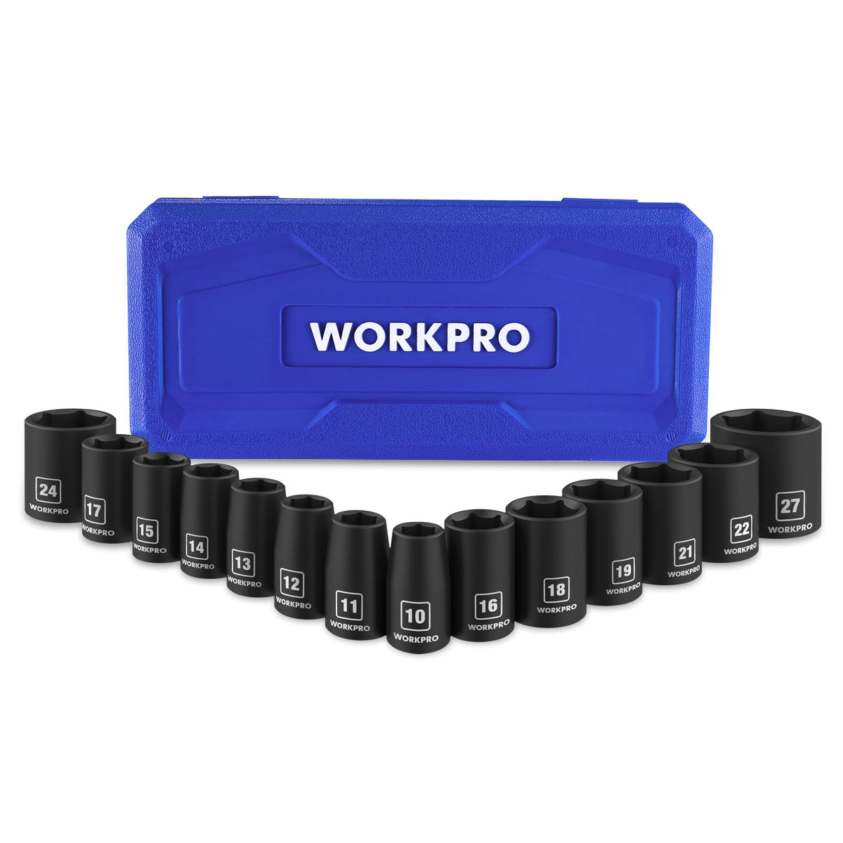 WORKPRO 14-piece 1/2-inch drive shallow impact sockets organized in a durable case for automotive work.