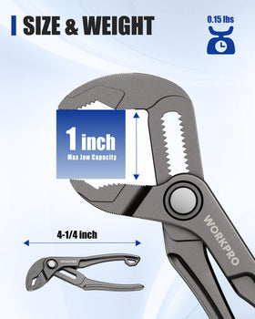 WORKPRO pliers showing 15-position push-lock for quick adjustments.