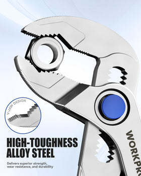 WORKPRO 15-position push-lock in action for versatile task sizing.