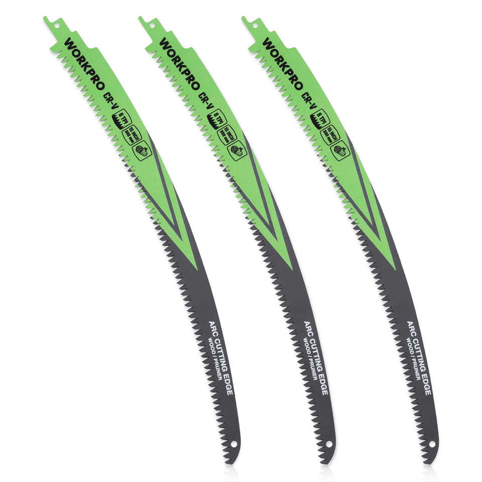 WORKPRO 15-inch arc-edge blade with Japanese teeth for smoother pruning cuts.