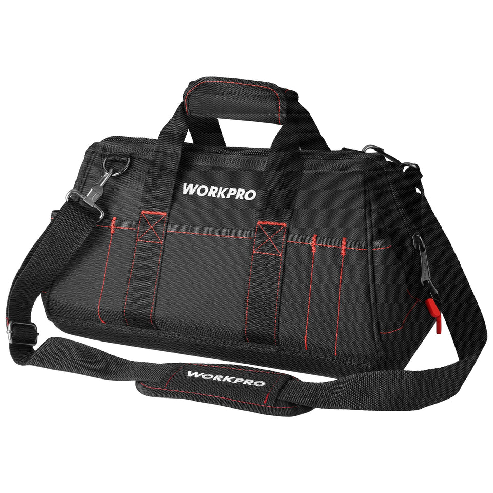 WORKPRO 16-inch close-top tool bag with open mouth for quick tool access.
