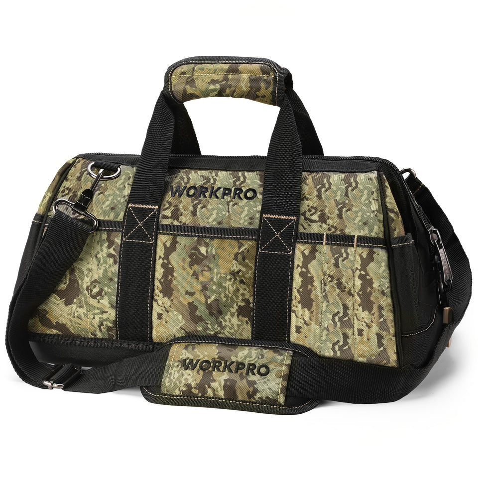 WORKPRO 16-inch wide mouth tool bag opened for fast tool access.