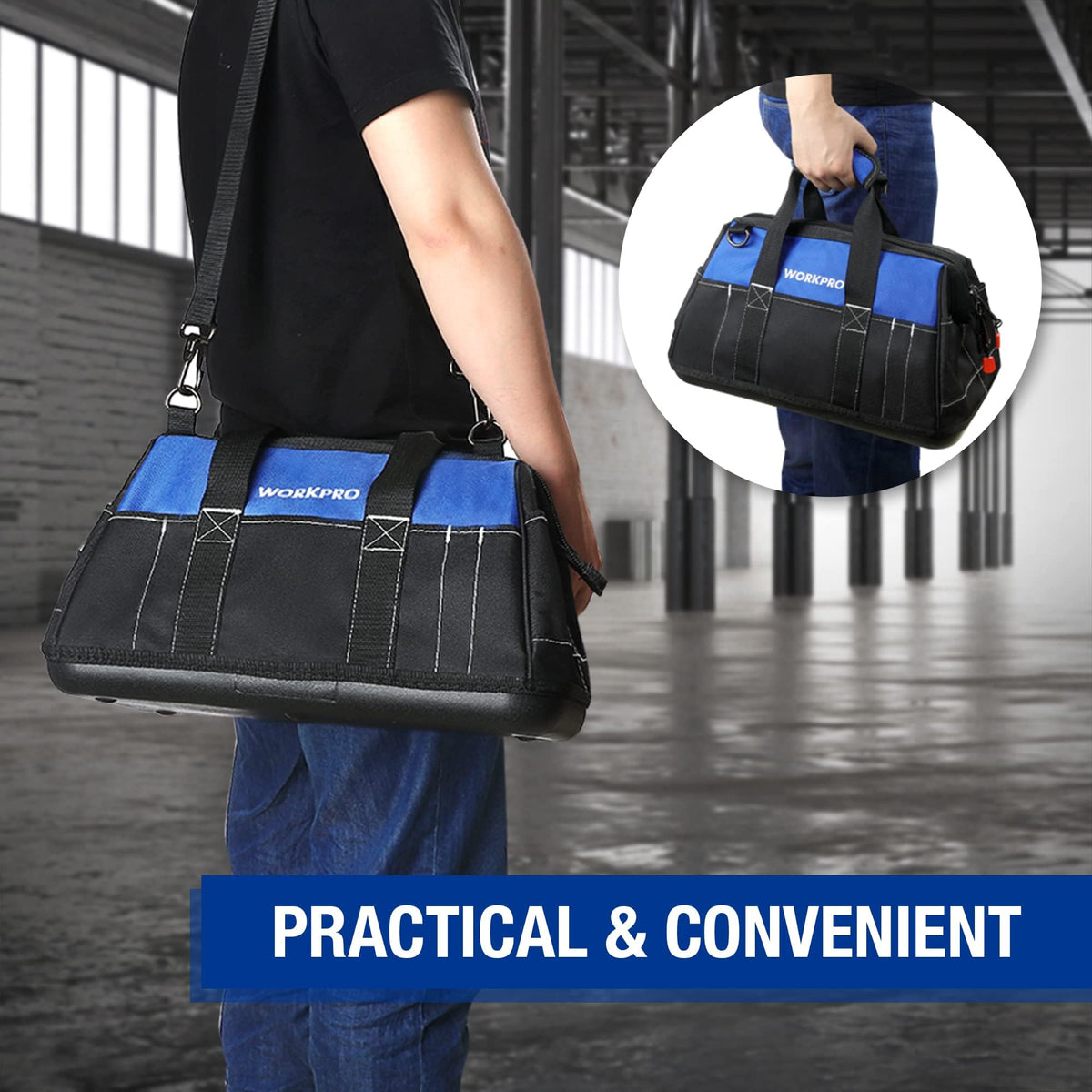 WORKPRO adjustable-shoulder-strap enables hands-free carrying on long jobs.