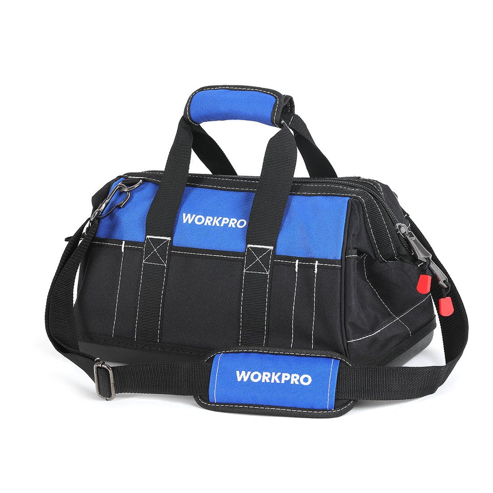 WORKPRO 16-inch wide-mouth tool bag with open mouth for quick tool access.