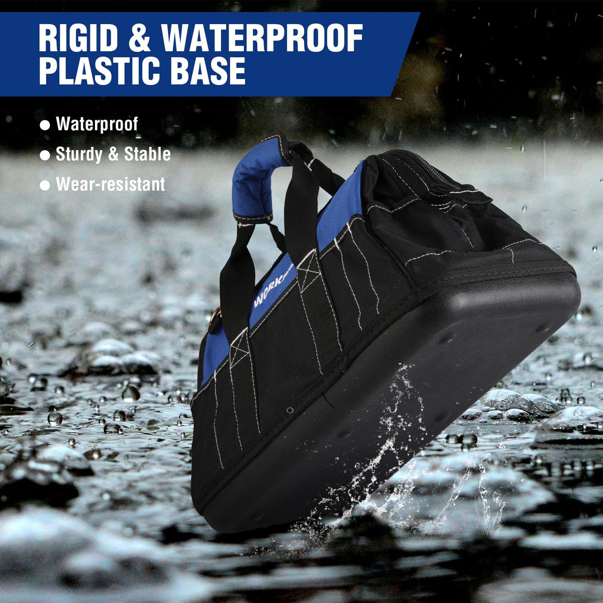 WORKPRO waterproof base keeps contents dry during outdoor or wet-work environments.