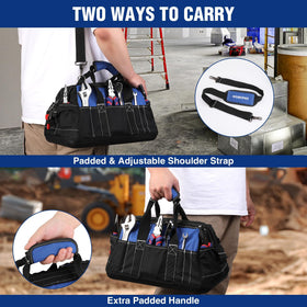 WORKPRO bag wide opening facilitates easy loading and retrieval of bulky tools.