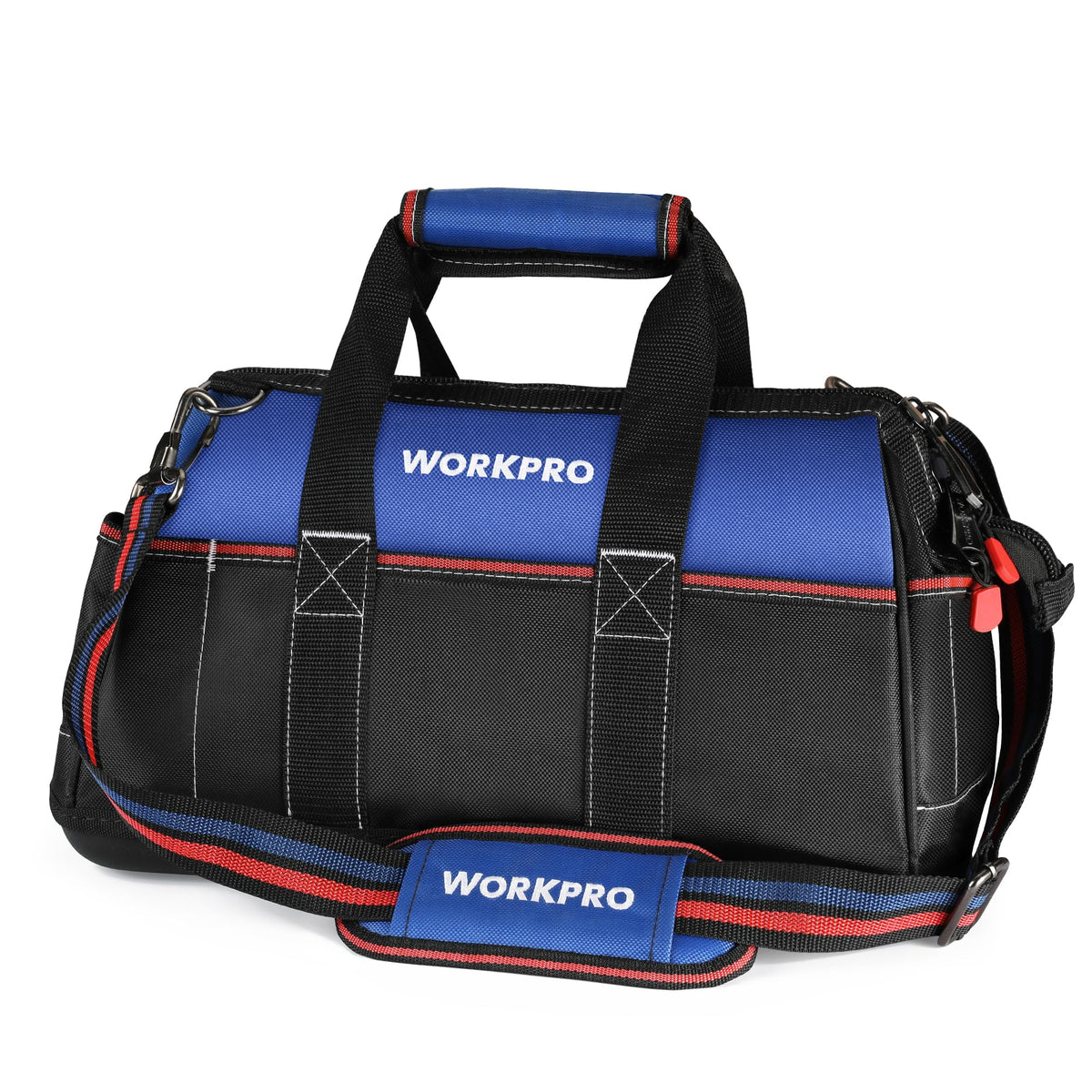 WORKPRO 16-inch wide-mouth tool bag with waterproof base keeps tools dry on job sites.