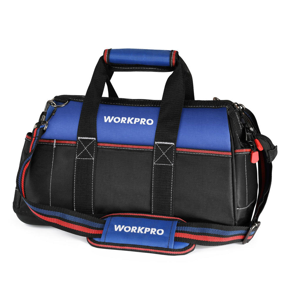 WORKPRO 16-inch wide-mouth tool bag with waterproof base keeps tools dry on job sites.