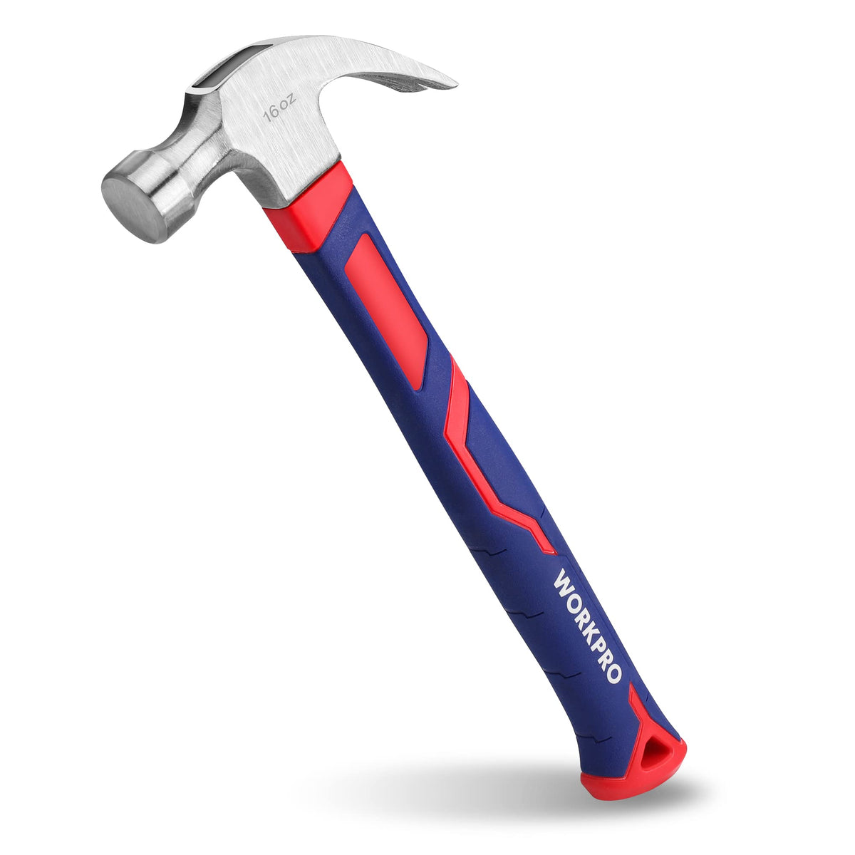 WORKPRO 16 oz claw hammer front view with fiberglass handle for versatile home repair.