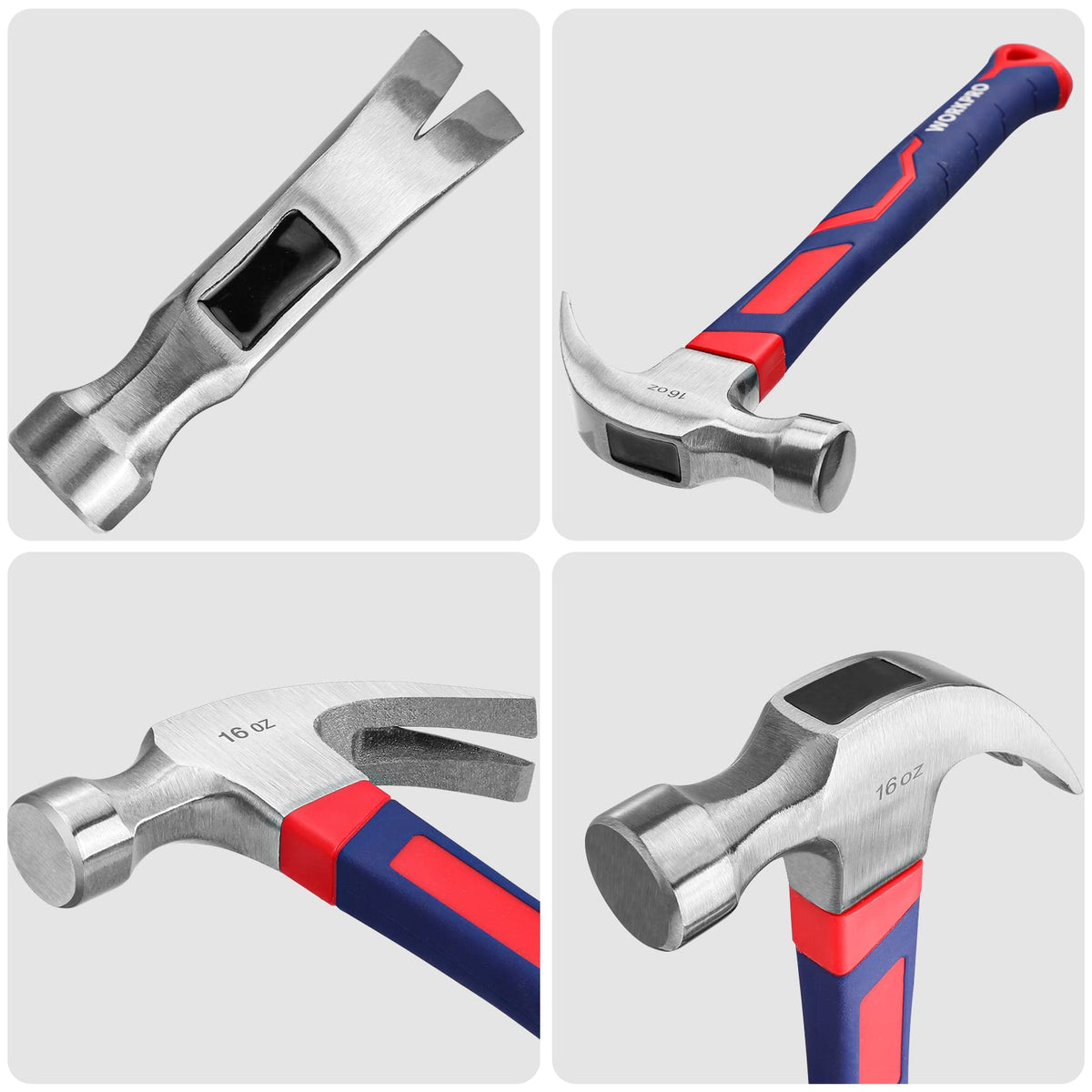 WORKPRO 16 oz claw hammer grip with fiberglass handle offering non-slip comfort.