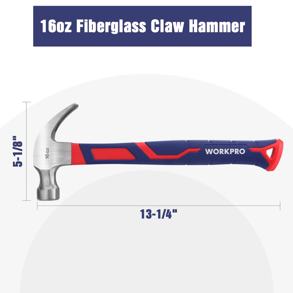 WORKPRO 16 oz claw hammer head close-up showing forged steel and smooth face.
