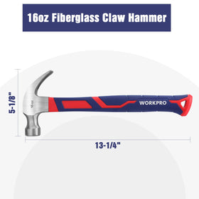 WORKPRO 16 oz claw hammer head close-up showing forged steel and smooth face.