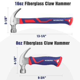 WORKPRO 16oz hammer with fiberglass handle, showcasing durability and vibration reduction.