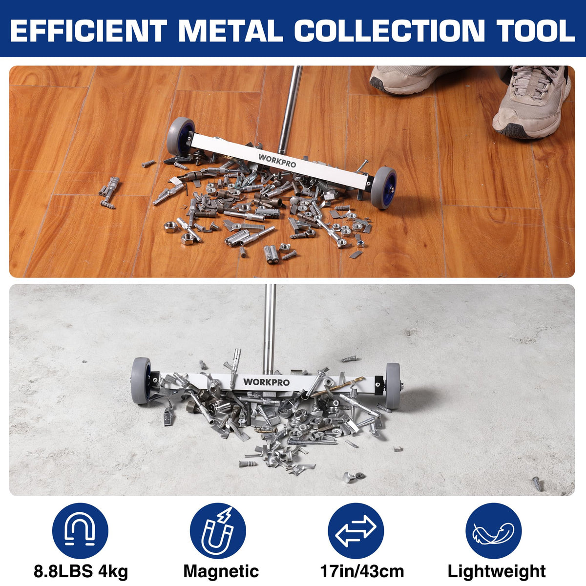 WORKPRO 17-inch coverage sweeps large areas quickly to collect metal debris.