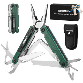 WORKPRO 18-in-1 multi-tool with pliers open, ideal for camping tasks.