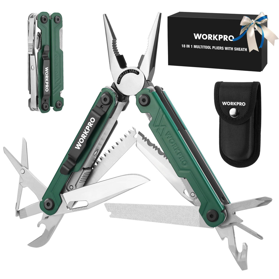 WORKPRO 18-in-1 multi-tool with pliers open, ideal for camping tasks.