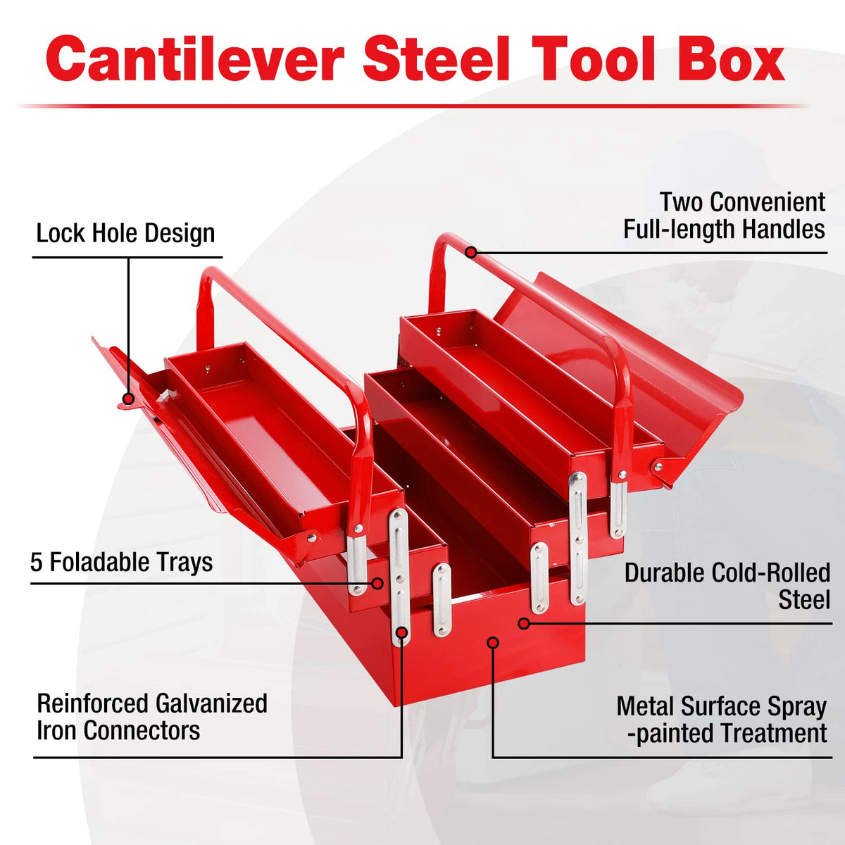 WORKPRO 18-inch cantilever box open trays show organized tool access.
